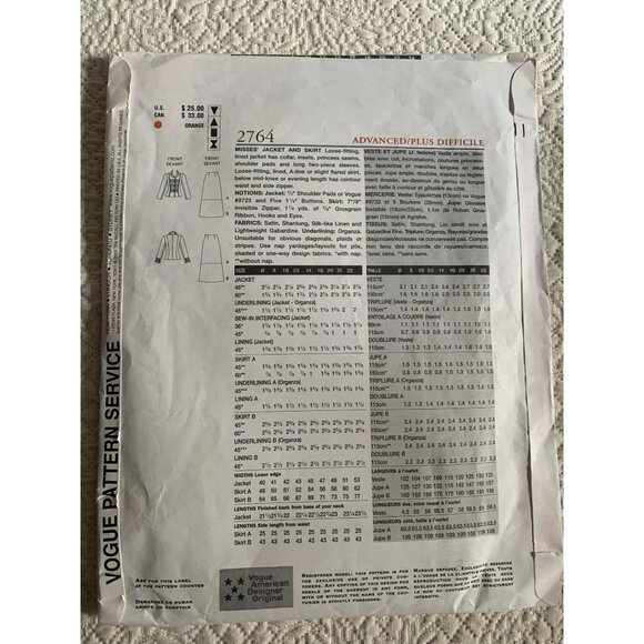 Vogue Misses Jacket Skirt Sewing Pattern 2764 Sz 18 - 22 Uncut - Picture 7 of 9